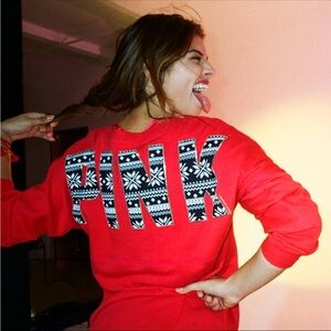 PINK - Victoria's Secret VS Pink Red Fair Isle Sequin Varsity Crew
